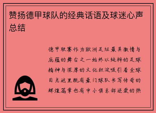 赞扬德甲球队的经典话语及球迷心声总结